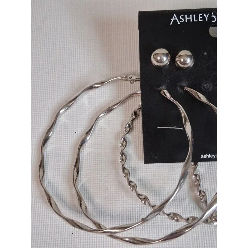 Ashley Stewart Silver Toned Twisted Metal Oversized Hoops Stud Earrings Set of 4